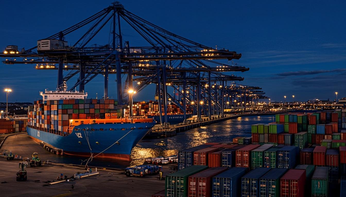 Chinese container shipping port at blue hour